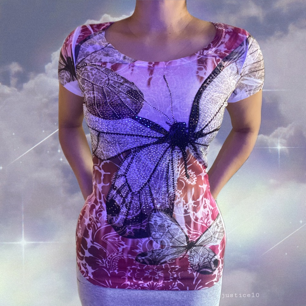 Rhinestone Y2K Butterfly Short Sleeve Top